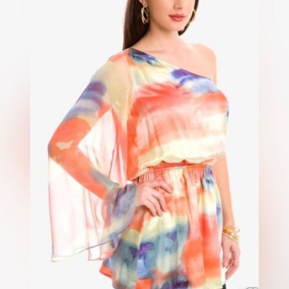 NWT MARCIANO One-Shoulder Watercolor Print Silk Dress Women's Sz S - Picture 2 of 9